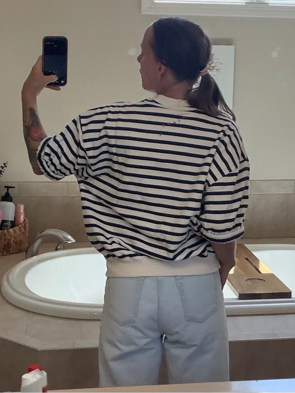 Striped Puff-Sleeve Sweatshirt - White & Navy - Picture 15 of 15